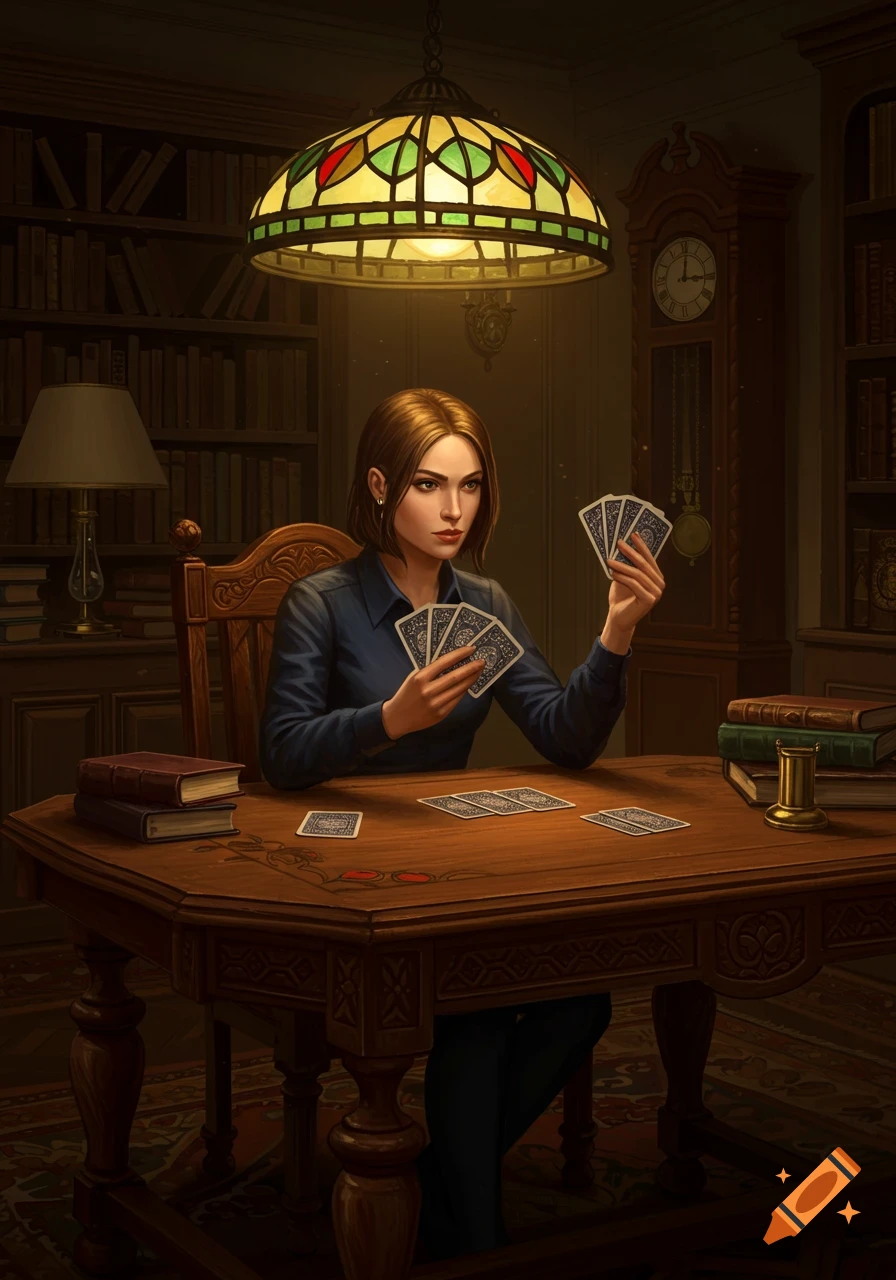 A woman with brown hair sits at a wooden table in a dimly lit library, holding playing cards under a stained-glass lamp.