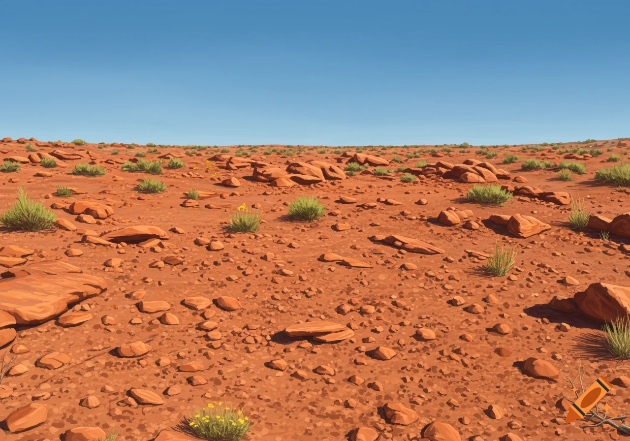 A vast desert landscape with red dirt, scattered small red rocks, and sparse green bushes under a clear blue sky.