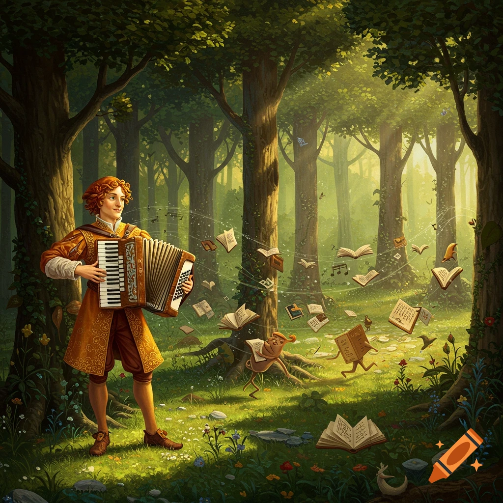 A person in Renaissance attire plays an accordion in a magical forest, surrounded by floating books and musical notes, in a Botticelli-like style.