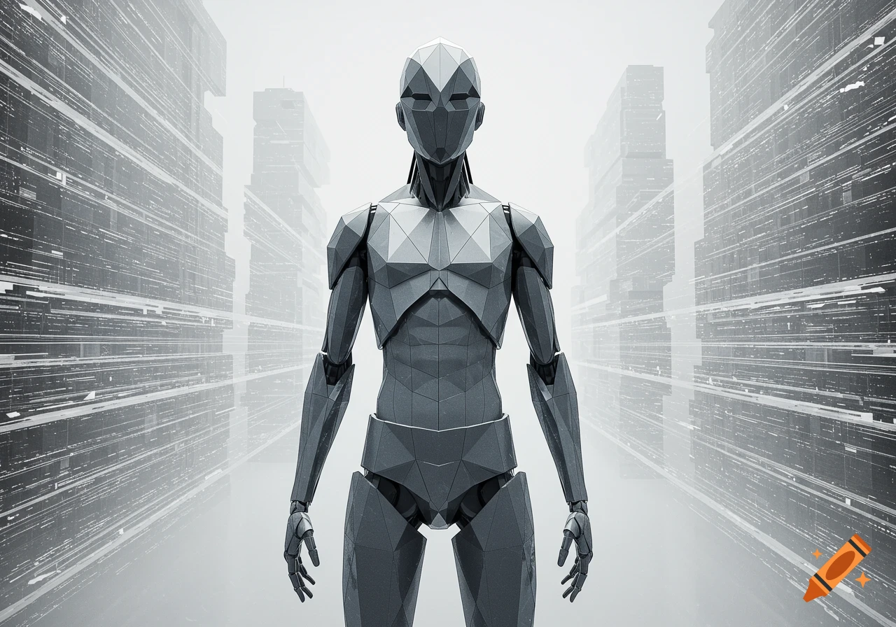 A grey geometric humanoid robot stands centered in a bright, futuristic city with abstract data stream lines.