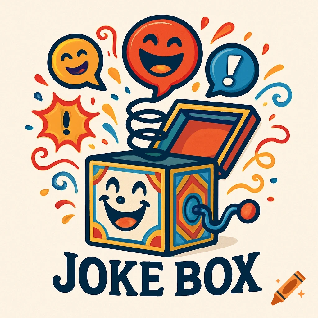Colorful cartoon logo for 'JOKE BOX' featuring a happy jack-in-the-box, emojis, and confetti.