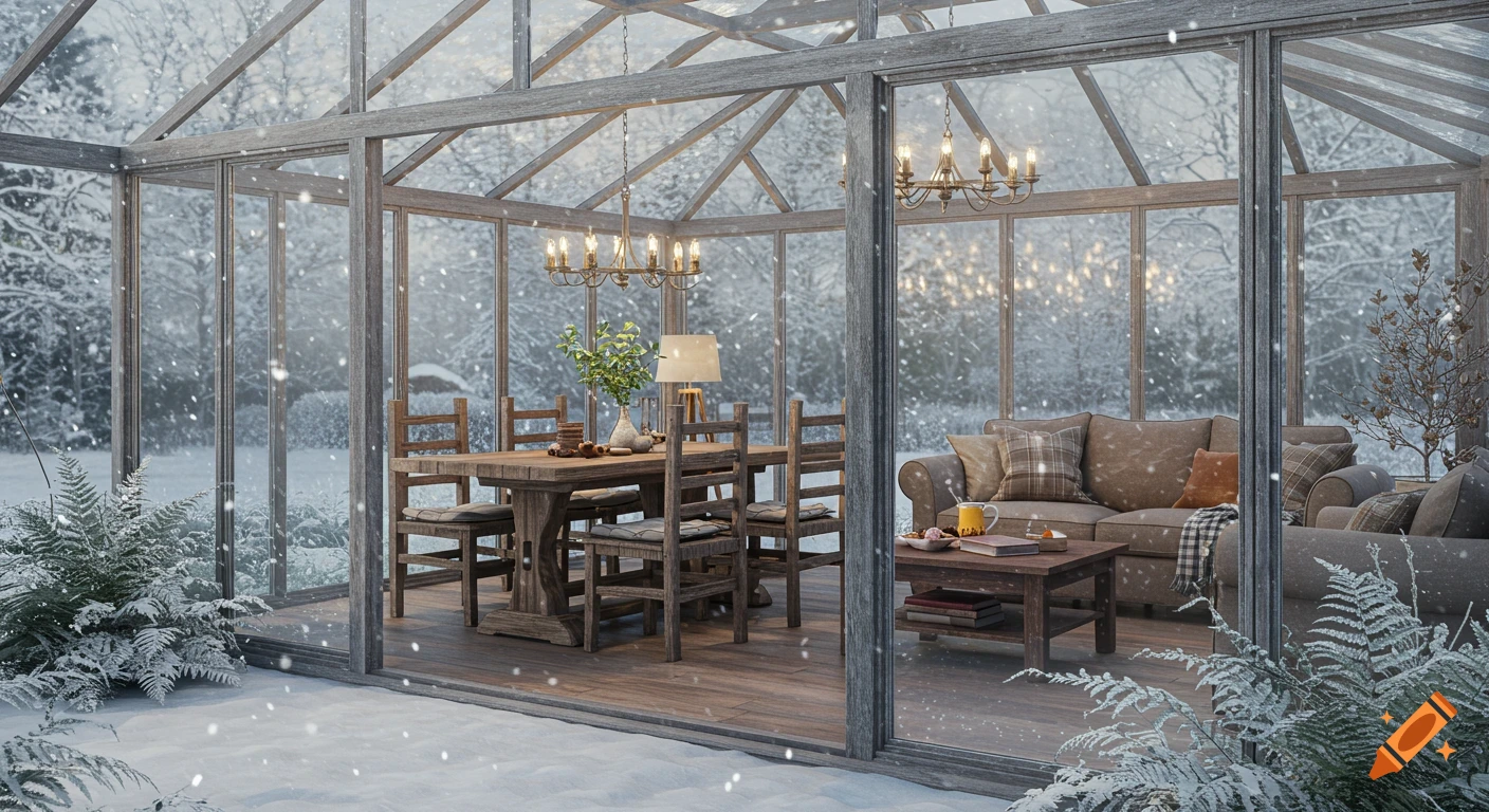 A photorealistic image of a cozy solarium in a snowy winter landscape, featuring a wooden dining table and a living area.