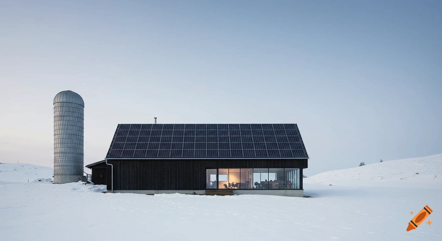 Photorealistic image of a modern black farmhouse with a solar panel roof and a tall silver silo in a snowy winter landscape.