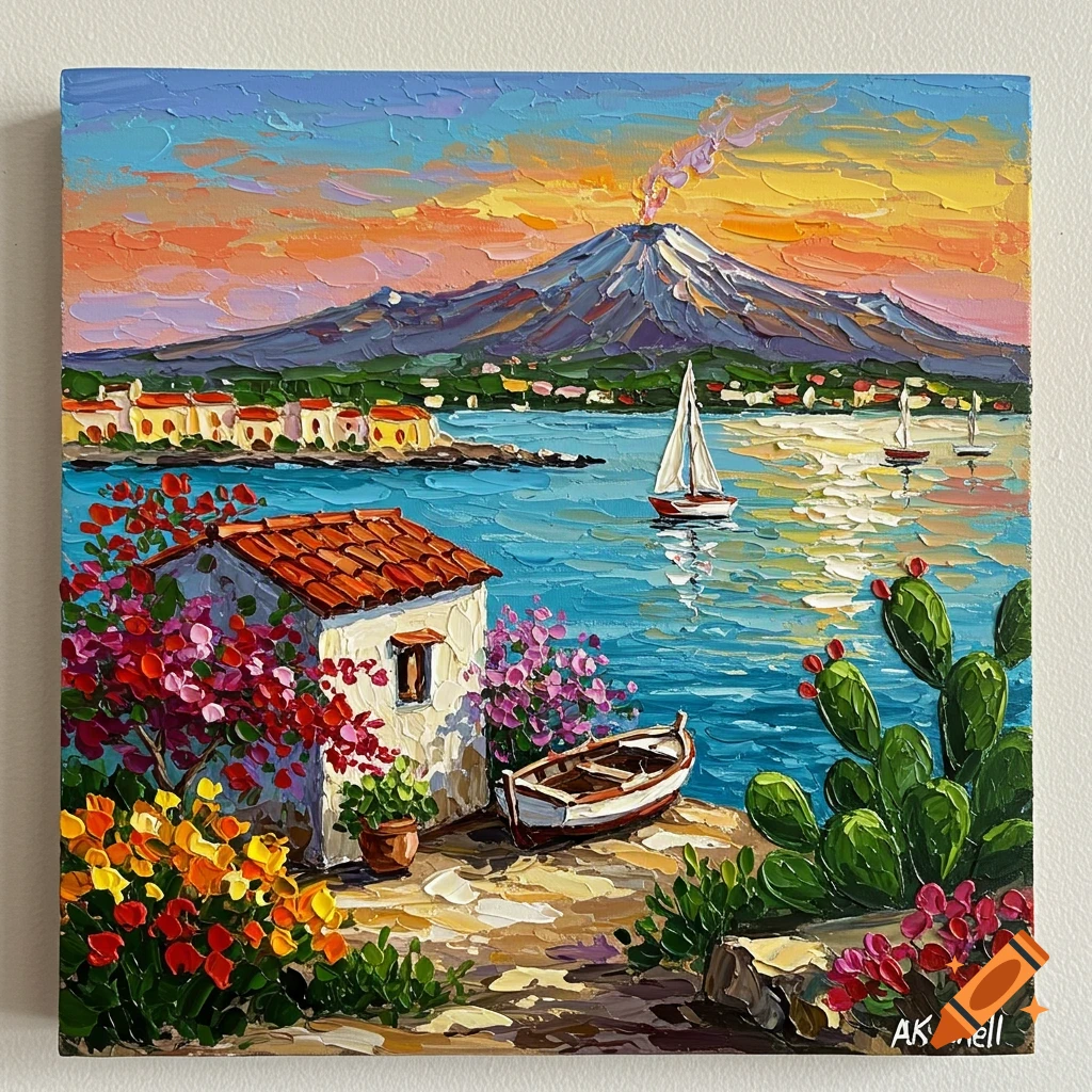 Vibrant impasto painting of a Mediterranean coastal scene with a white house, boat, flowers, cacti, and a smoking volcano.