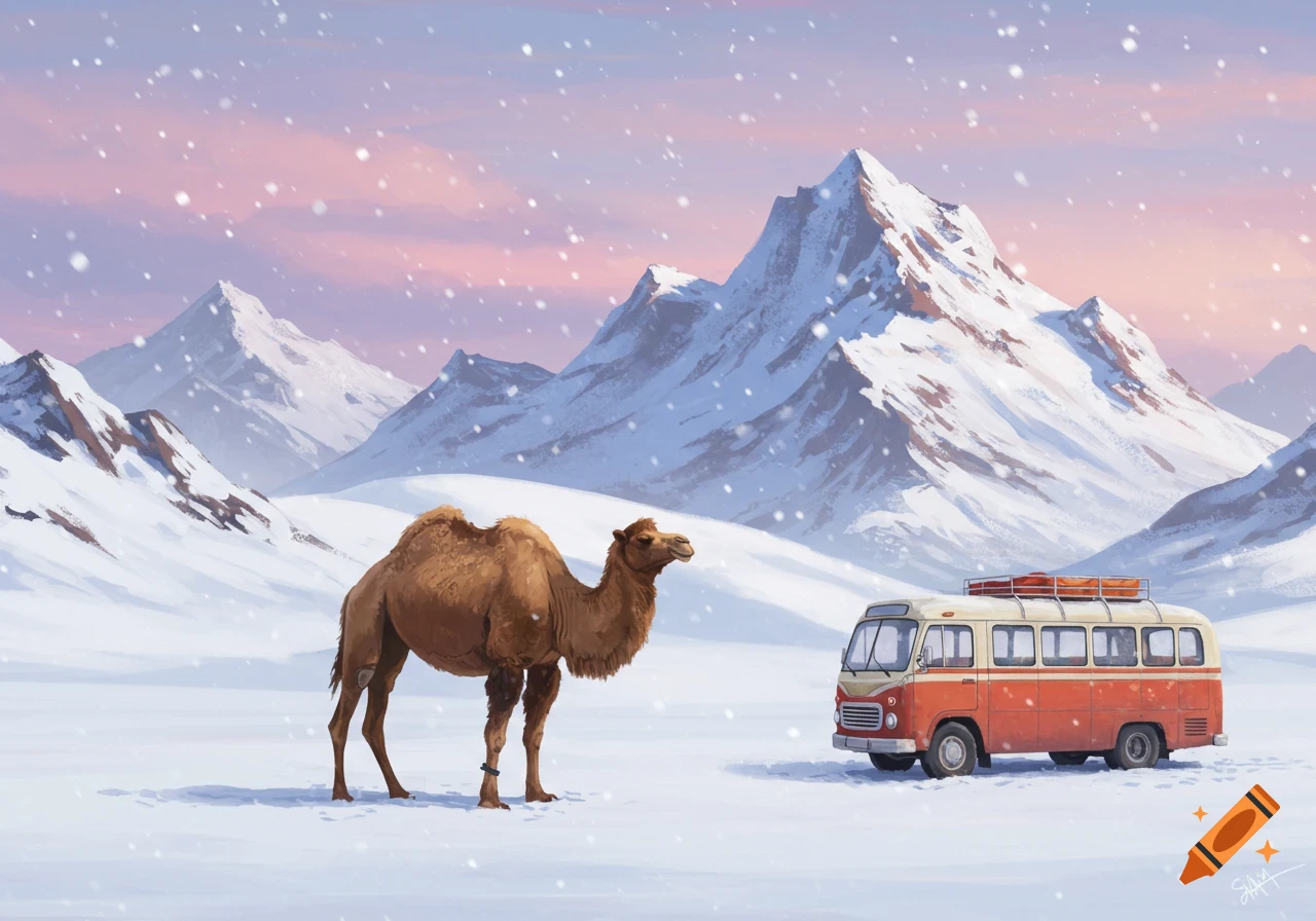 A brown camel stands in a snowy mountain landscape next to a red and white vintage bus under a pink and purple sky.
