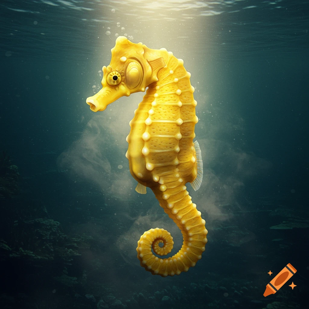 A vibrant yellow, stylized seahorse swims gracefully underwater with light rays and bubbles filtering from above.