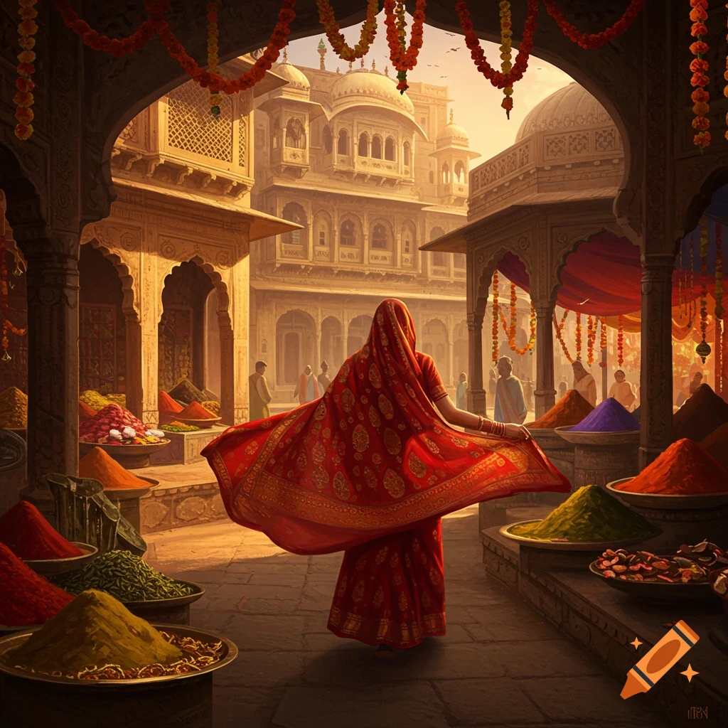 A woman in a red sari walks through a vibrant Indian marketplace with traditional architecture and colorful piles of spices.