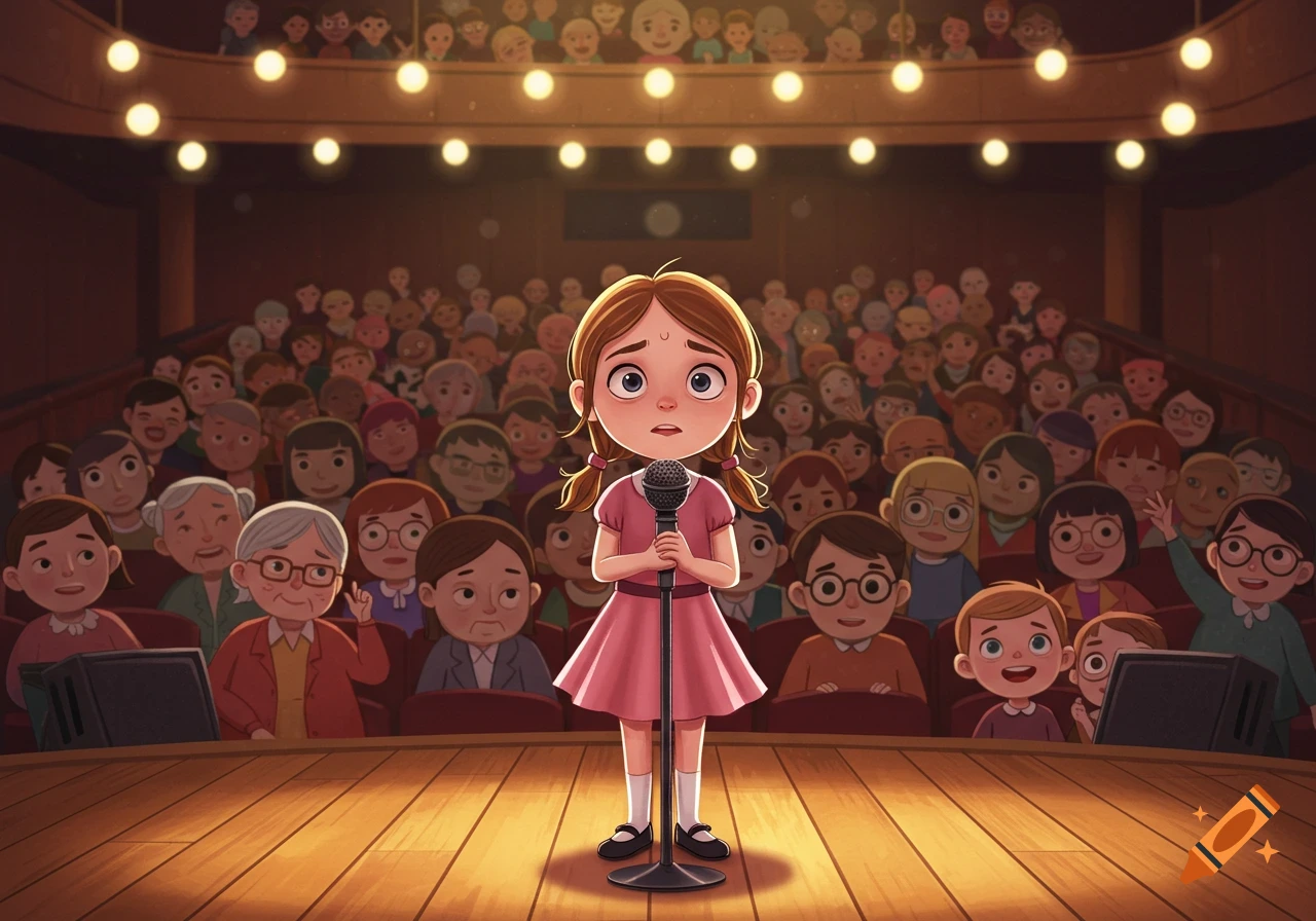 Nervous cartoon girl in a pink dress holding a microphone on stage in an auditorium before a large audience.
