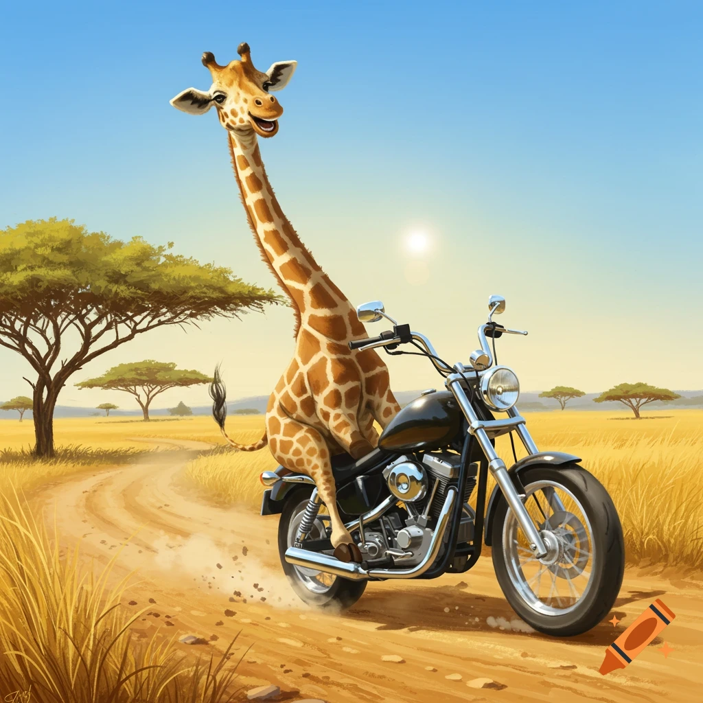 A smiling cartoon giraffe rides a motorcycle on a dusty road through a sunny savanna with acacia trees.