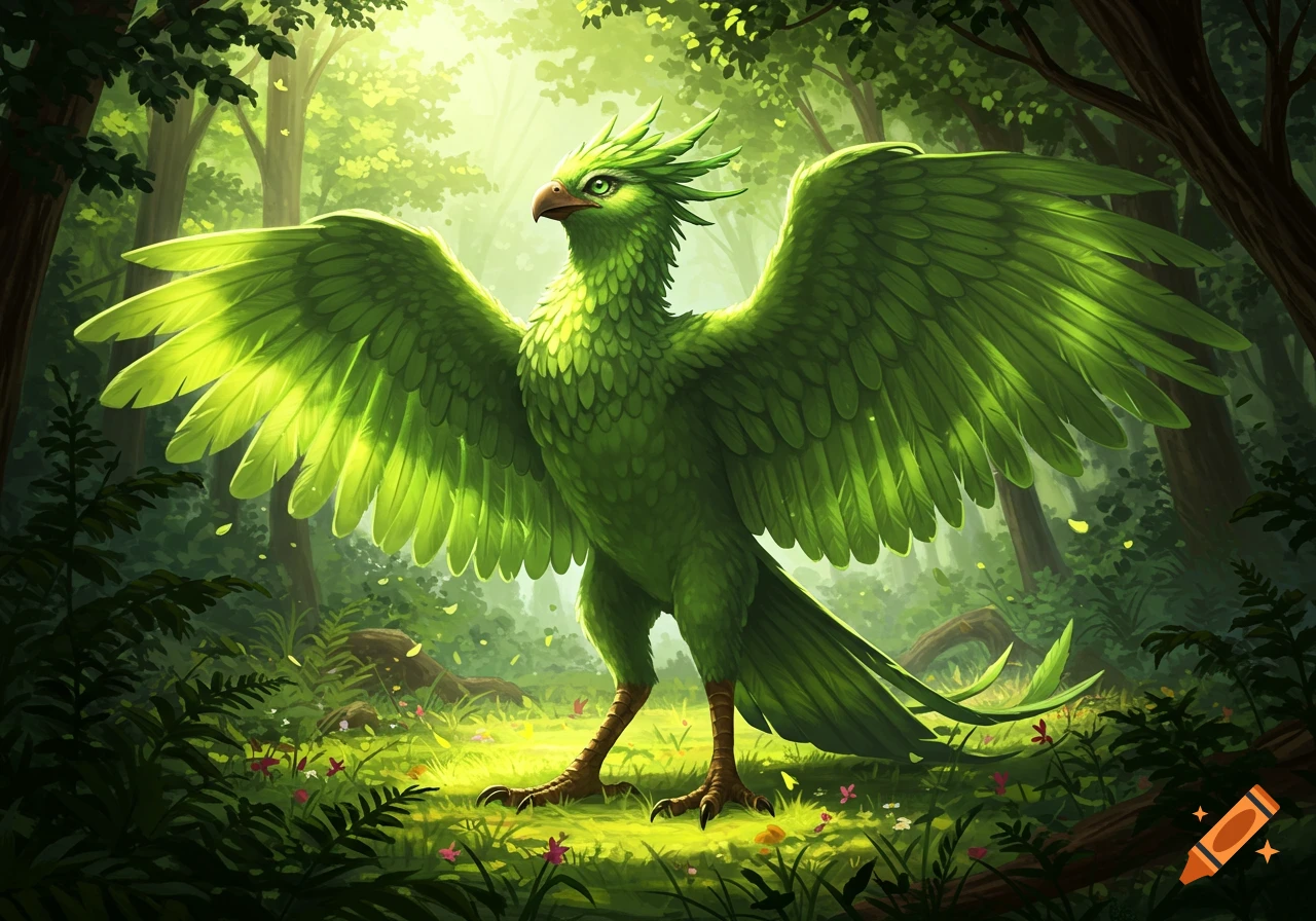 A vibrant green fantasy bird with large wings stands in a sunlit forest, surrounded by lush foliage and wildflowers.