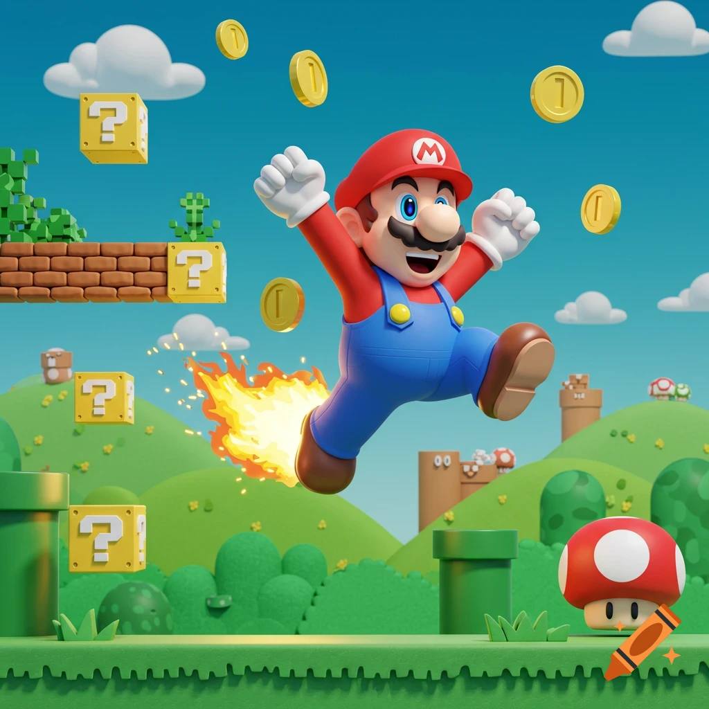 Super Mario jumps in a vibrant 3D world with question blocks, coins, and a mushroom, leaving a fiery trail.