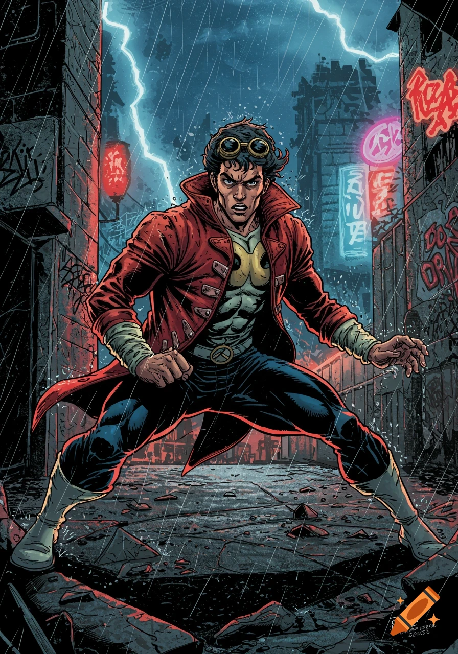 A determined male superhero in a red coat and goggles stands in a rainy, dark urban alley with neon signs and lightning, in a comic book style.