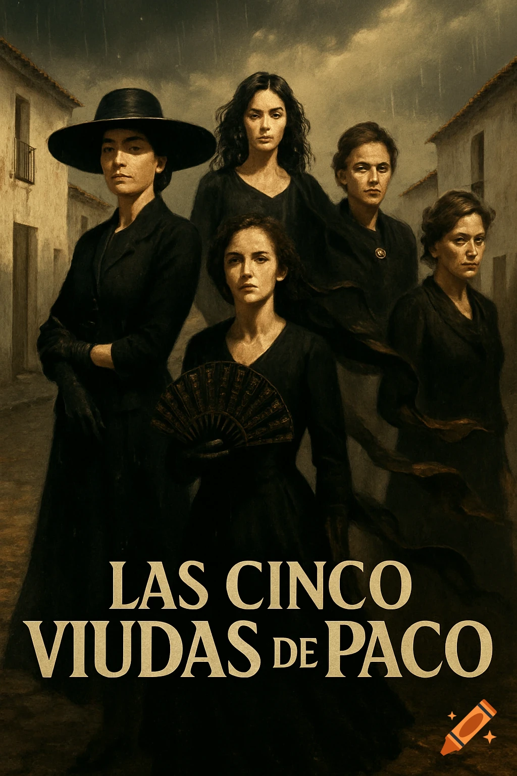 Dramatic movie poster with five somber women in black, standing on a rainy street in an old Spanish village, title 'LAS CINCO VIUDAS DE PACO'.