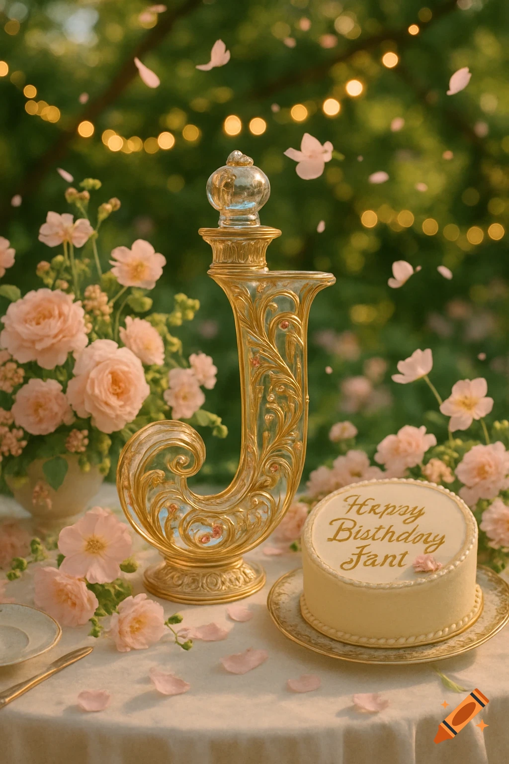 An ornate golden letter J stands beside a birthday cake with "Hrpsy Bisthday Jani" text, surrounded by pink flowers and petals in a soft-focus garden setting.