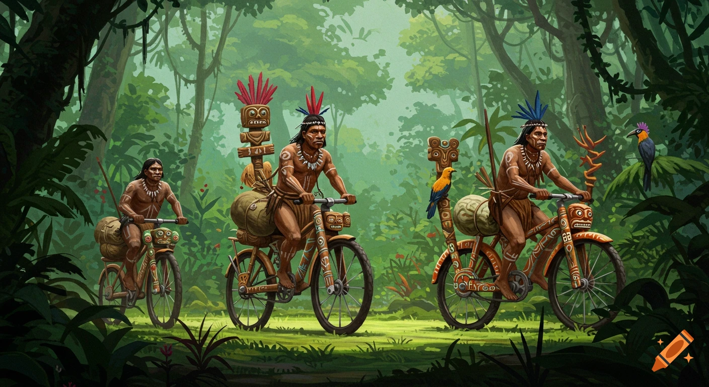 Three indigenous men with body art and feather headdresses ride highly decorated bicycles through a lush green jungle, illustration.