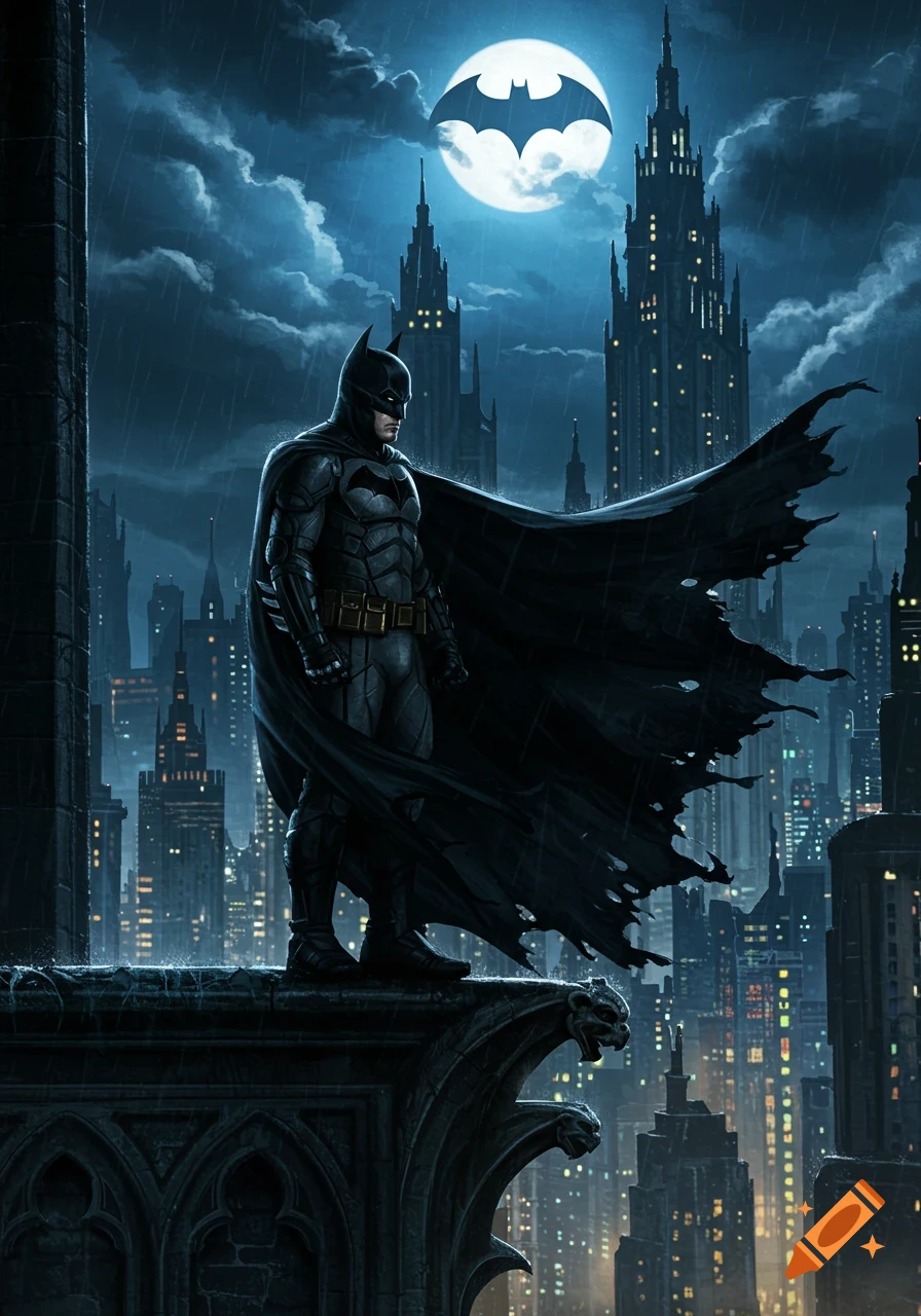 Batman stands on a gothic rooftop overlooking a rainy city at night, with the Bat-Signal shining on a full moon.
