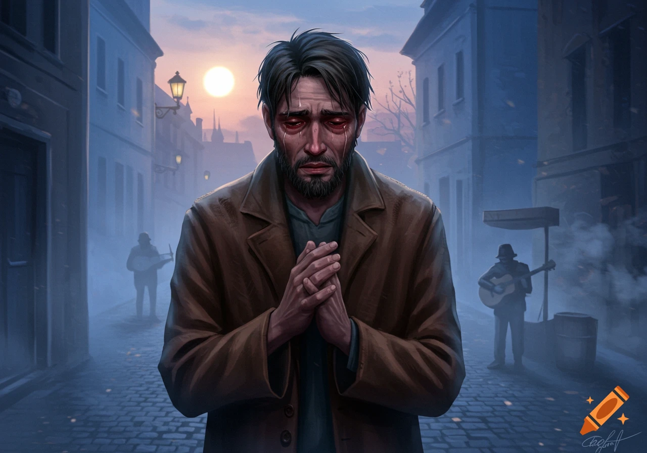 A sad man with red, swollen eyes, in a brown coat, with clasped hands, stands on a cobblestone street at sunset, with blurry figures in the background.