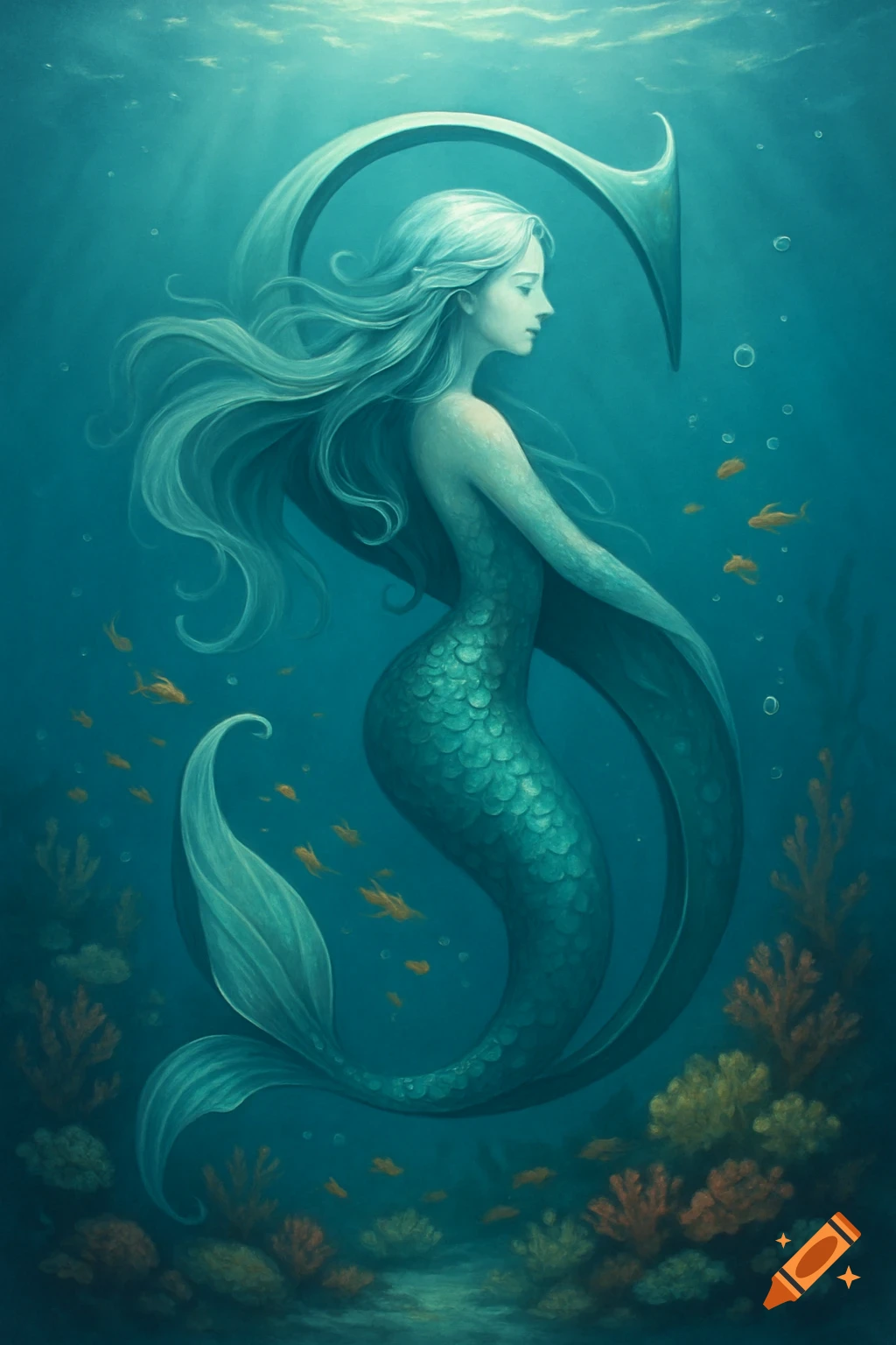 A digitally painted mermaid with flowing silver hair forms a stylized letter 'S' underwater, surrounded by coral and small fish.