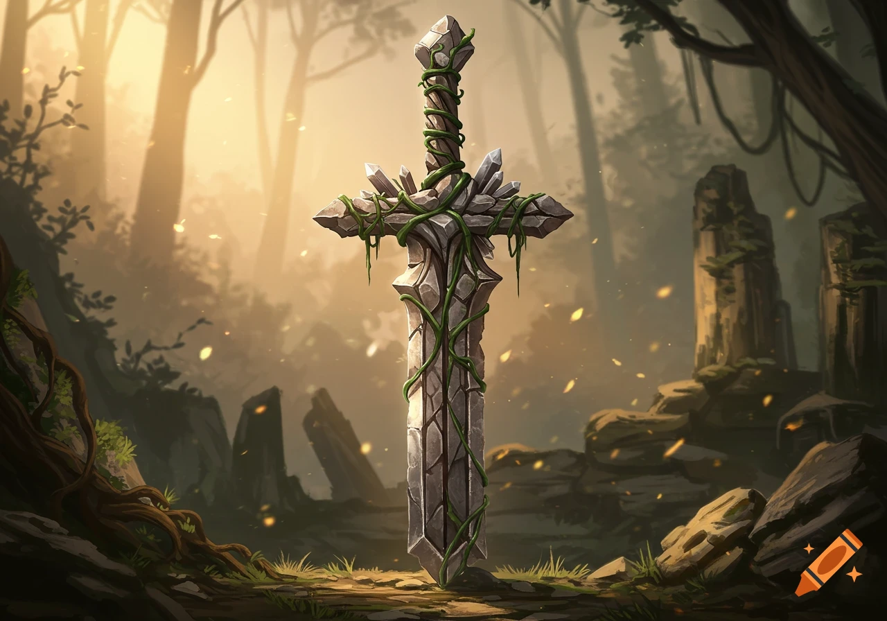 A fantasy sword crafted from stone and crystals, entwined with green vines, stands upright in a sunlit, misty forest.