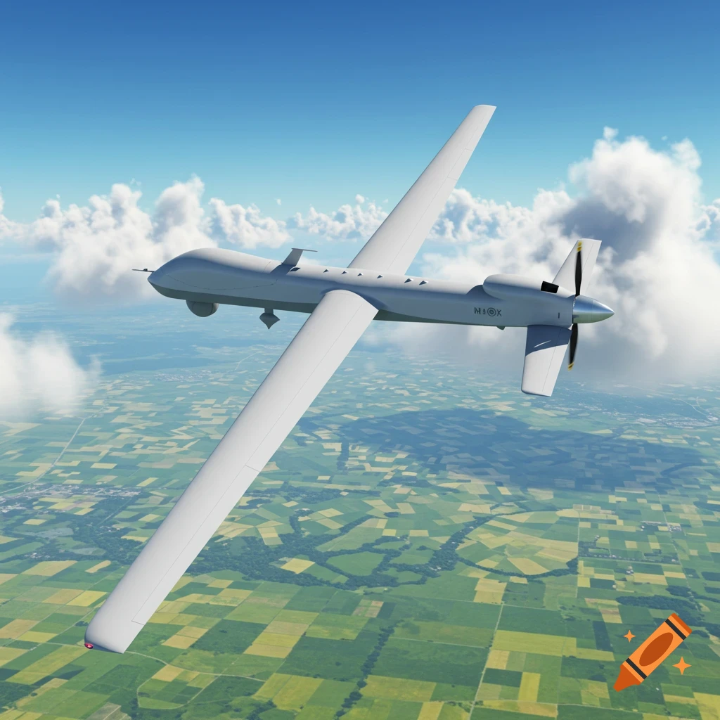 A white drone with a propeller flies high above a patchwork of green and brown fields under a blue sky with white clouds.