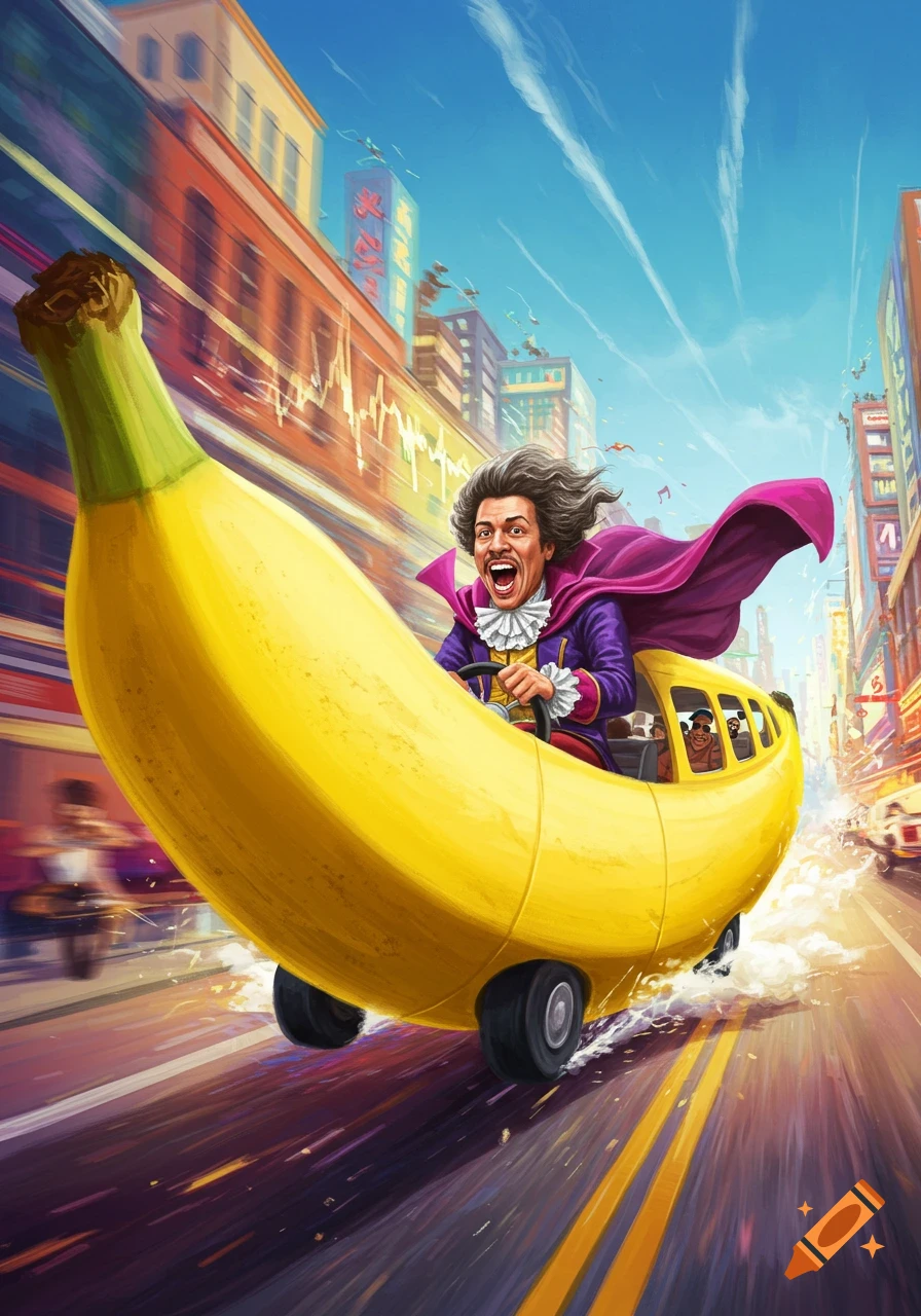A man in a cape with wild hair excitedly drives a giant banana bus through a city street in a cartoonish illustration.