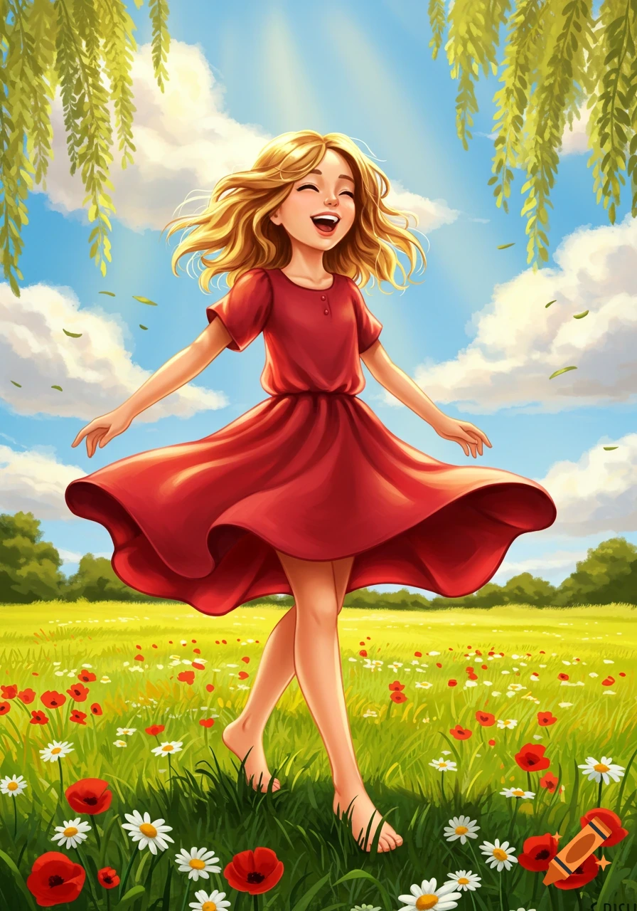 Vibrant illustration of a happy girl in a red dress running through a sunny meadow with poppies and daisies, with willow branches overhead.