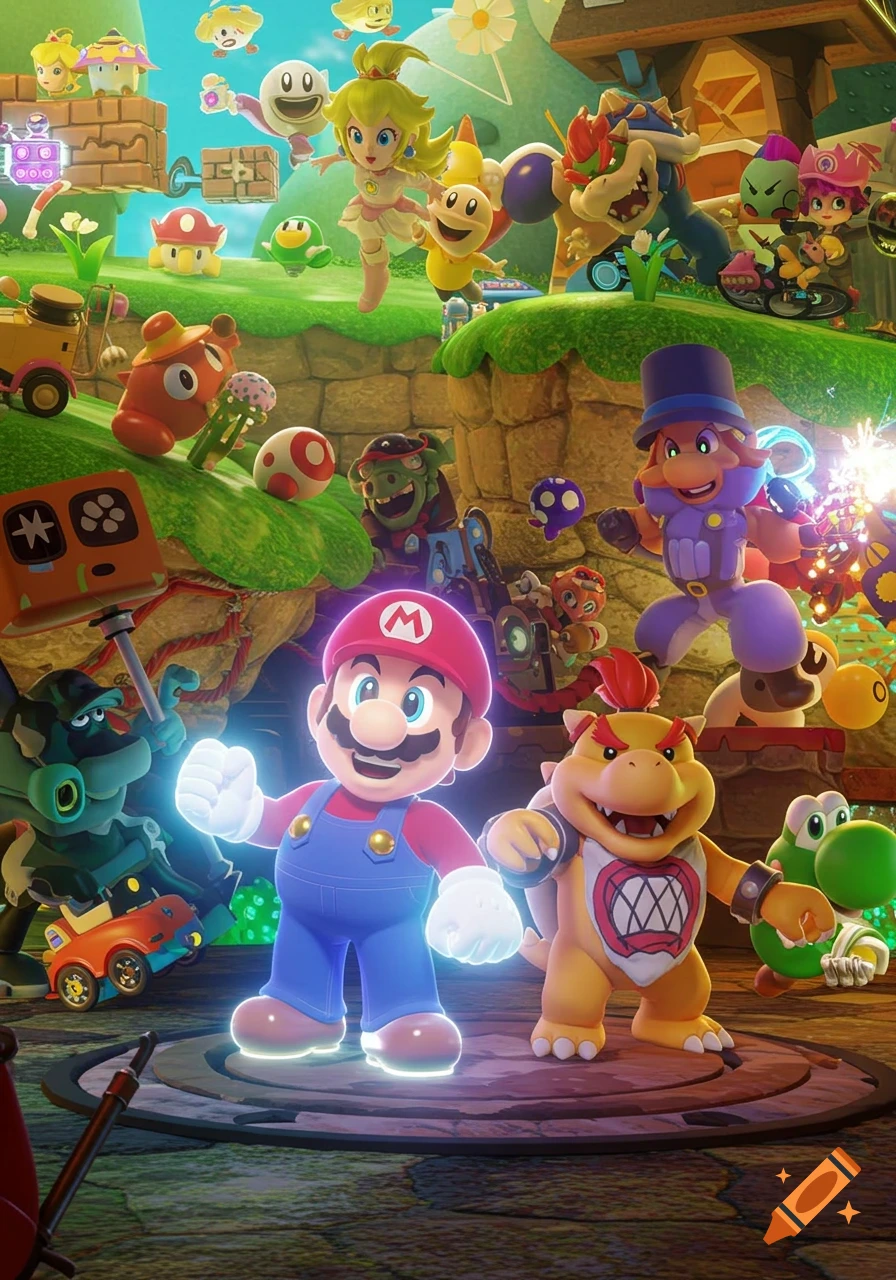 A bustling scene of many colorful Super Mario characters including Mario, Peach, Bowser, and Yoshi in a vibrant fantasy landscape.