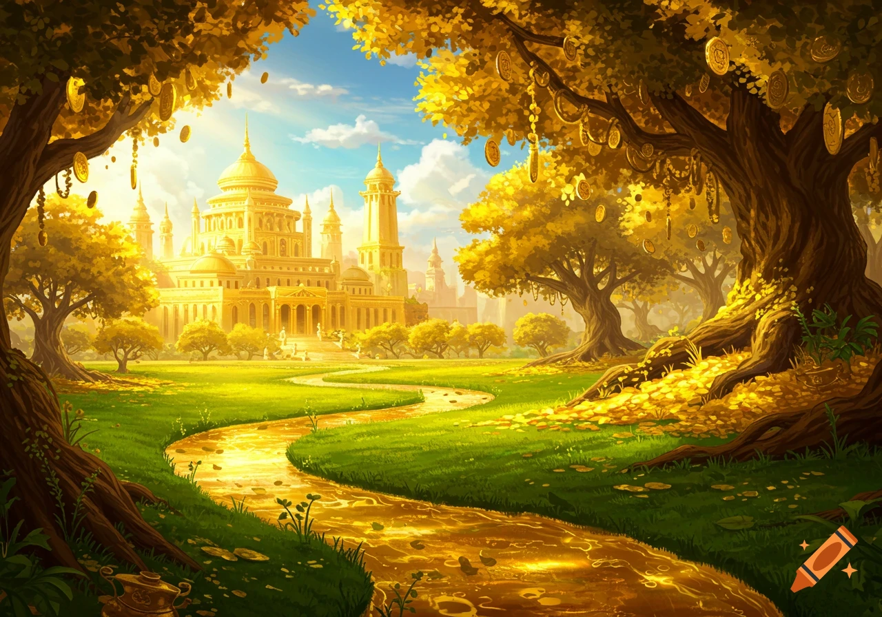 A vibrant fantasy landscape with a golden palace, a shimmering golden river, and trees adorned with gold coins, under a blue sky.