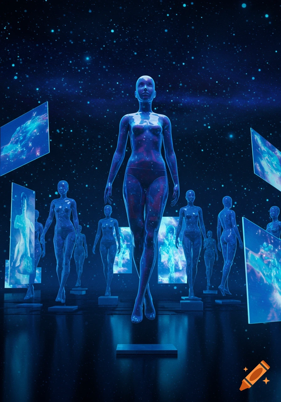 Translucent, glowing humanoid figures in a dark, starry cosmic setting with screens displaying nebulae.