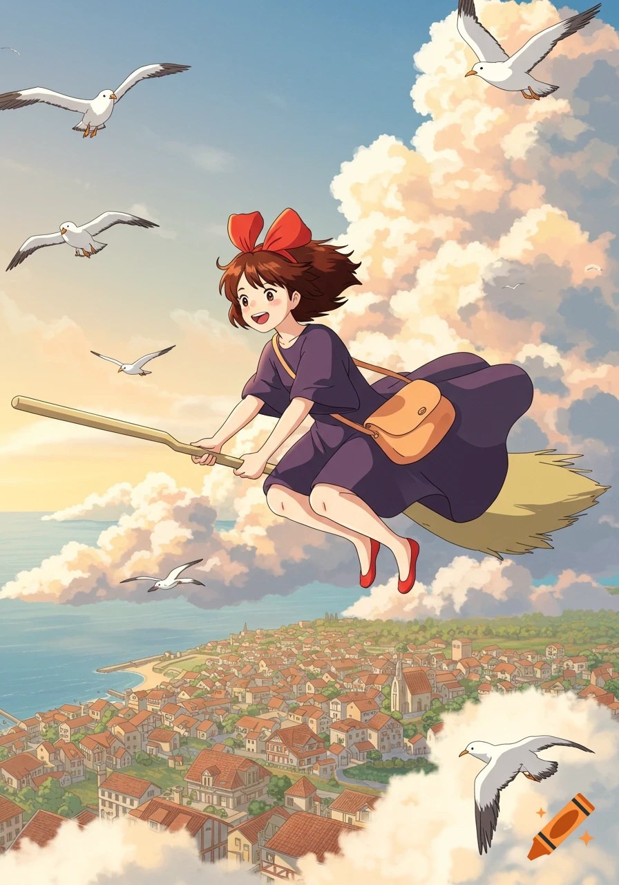 Anime girl Kiki flies on a broomstick over a coastal European town, accompanied by seagulls, under a cloudy, sunny sky.