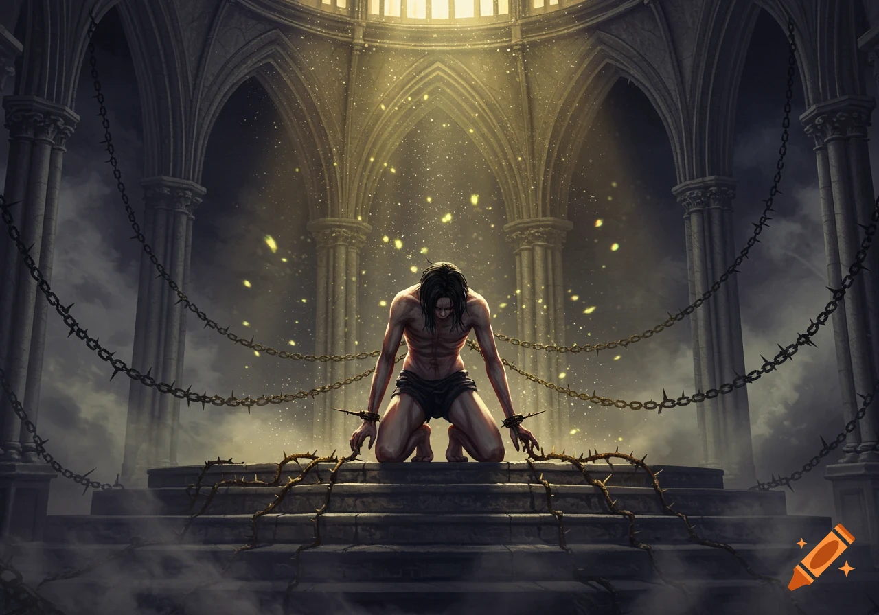 A gaunt, dark-haired man kneels on a stone dais, chained by thorny vines in a gothic temple with light streaming from above. Digital art.