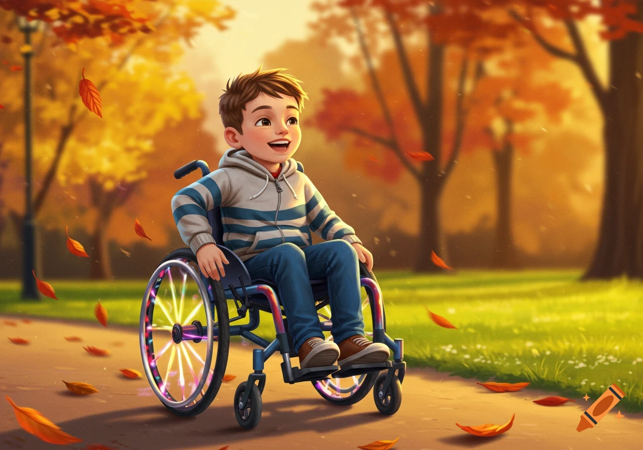 A smiling boy in a wheelchair with glowing wheels sits on a path in a vibrant autumn park with falling leaves, in a cartoon style.