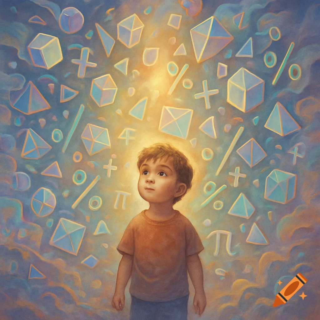 Painting of a young boy looking up at floating mathematical symbols and geometric shapes in a soft, bright light.