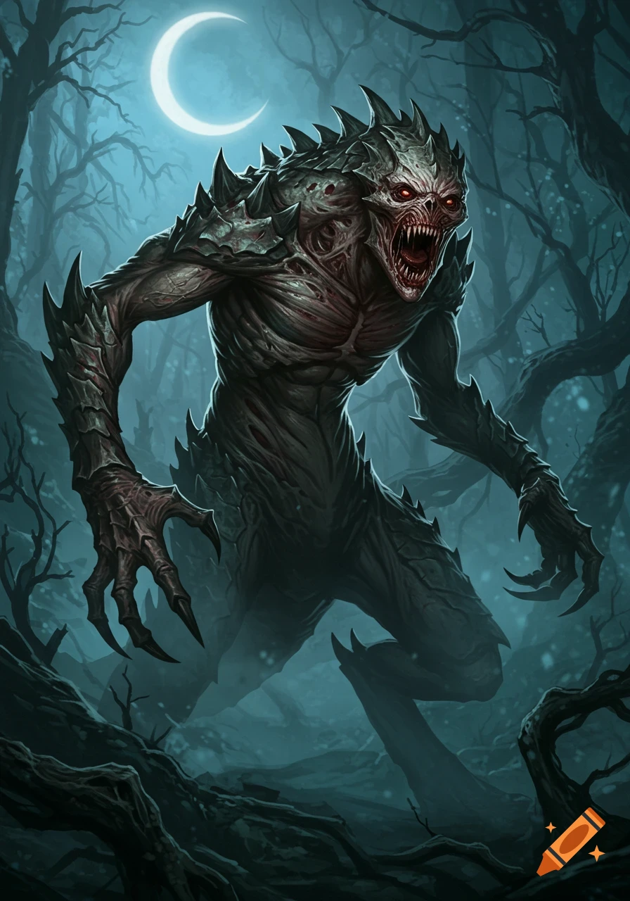 A terrifying, scaly monster with sharp claws, red eyes, and a screaming face stands in a moonlit, dark forest.