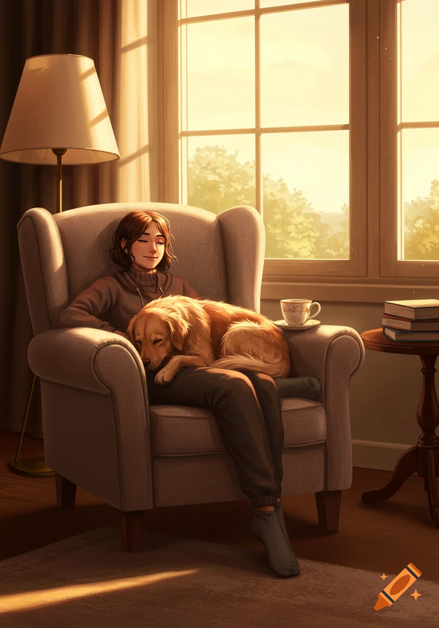An illustration of a woman relaxing in an armchair by a sunlit window, with a golden retriever dog sleeping on her lap.