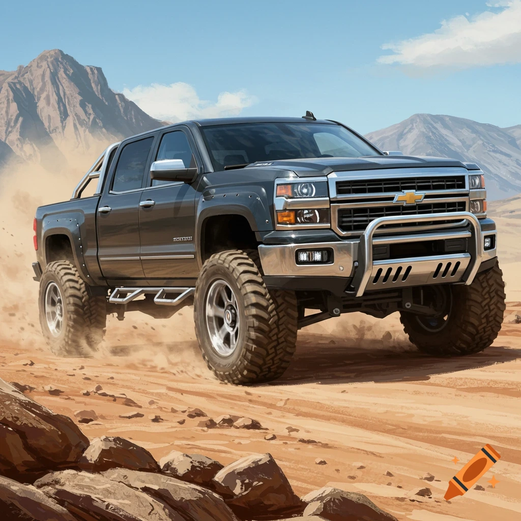 A dark grey Chevy Silverado pickup truck with large off-road tires drives on a dusty desert trail with mountains in the background.
