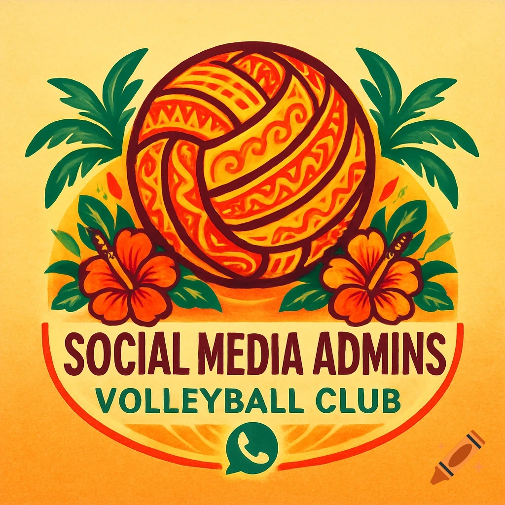 Tropical volleyball club logo with a patterned ball, hibiscus flowers, palm leaves, and text 'SOCIAL MEDIA ADMINS VOLLEYBALL CLUB' with a WhatsApp icon.