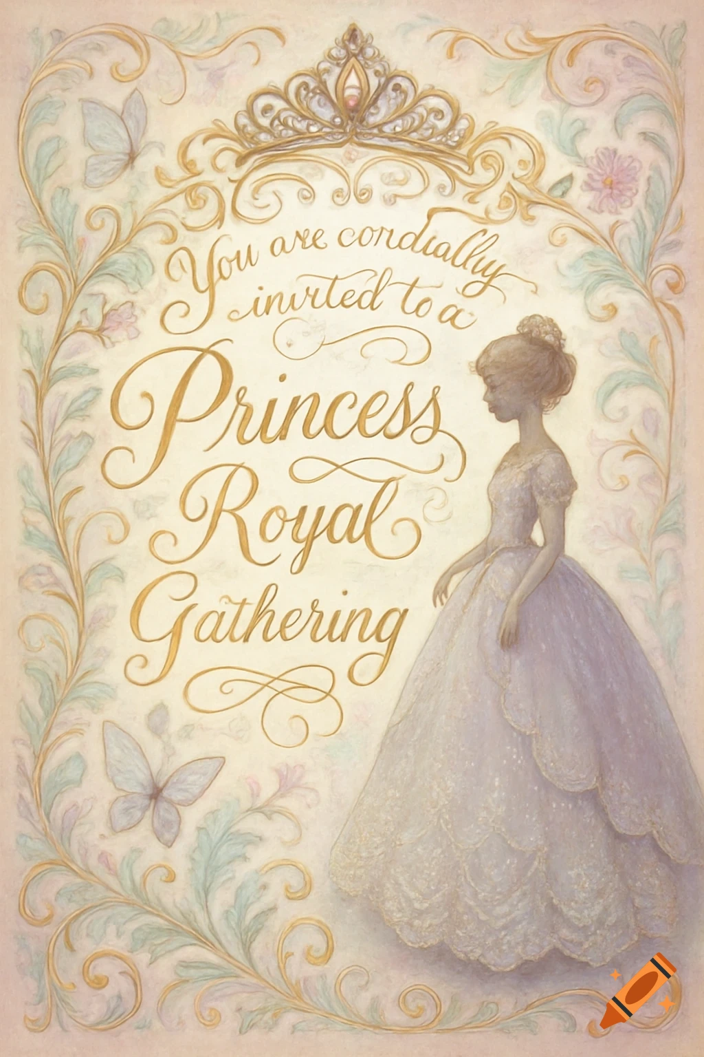 Elegant vintage illustration of a princess invitation with golden tiara, floral border, butterflies, and text: 'You are cordially invited to a Princess Royal Gathering'.