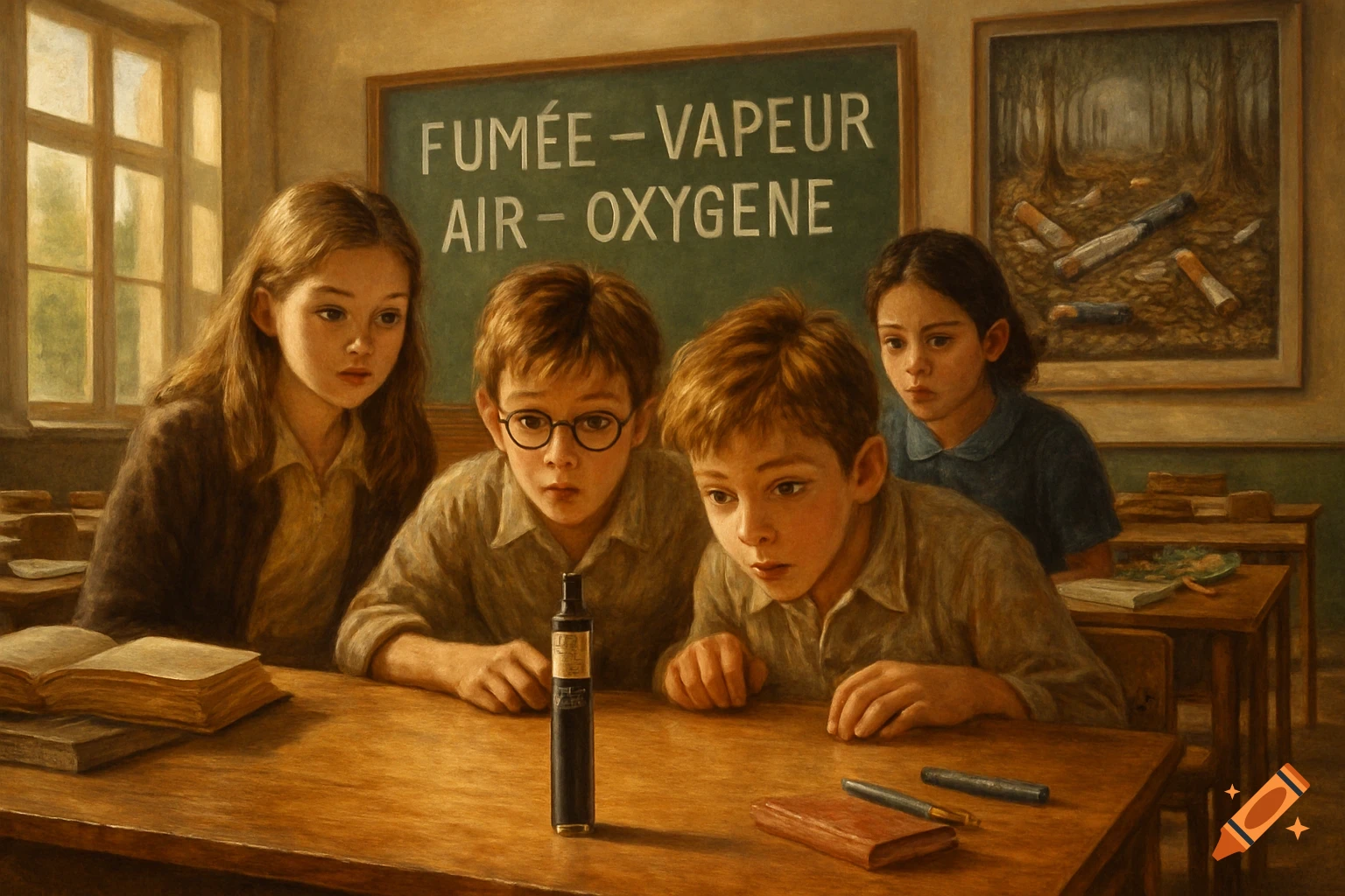 Painting of four children in a classroom looking at a vape on a desk, with a blackboard listing "FUMÉE - VAPEUR AIR - OXYGÈNE" and a painting of a polluted forest.