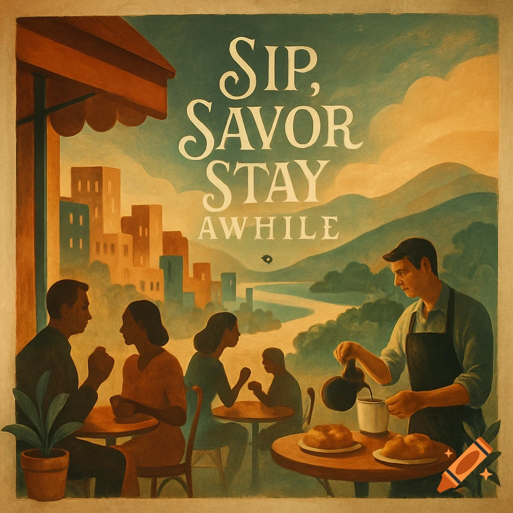 A hand-painted cafe mural with "Sip, Savor, Stay Awhile" text, depicting a barista, customers, a cityscape, river, and mountains.