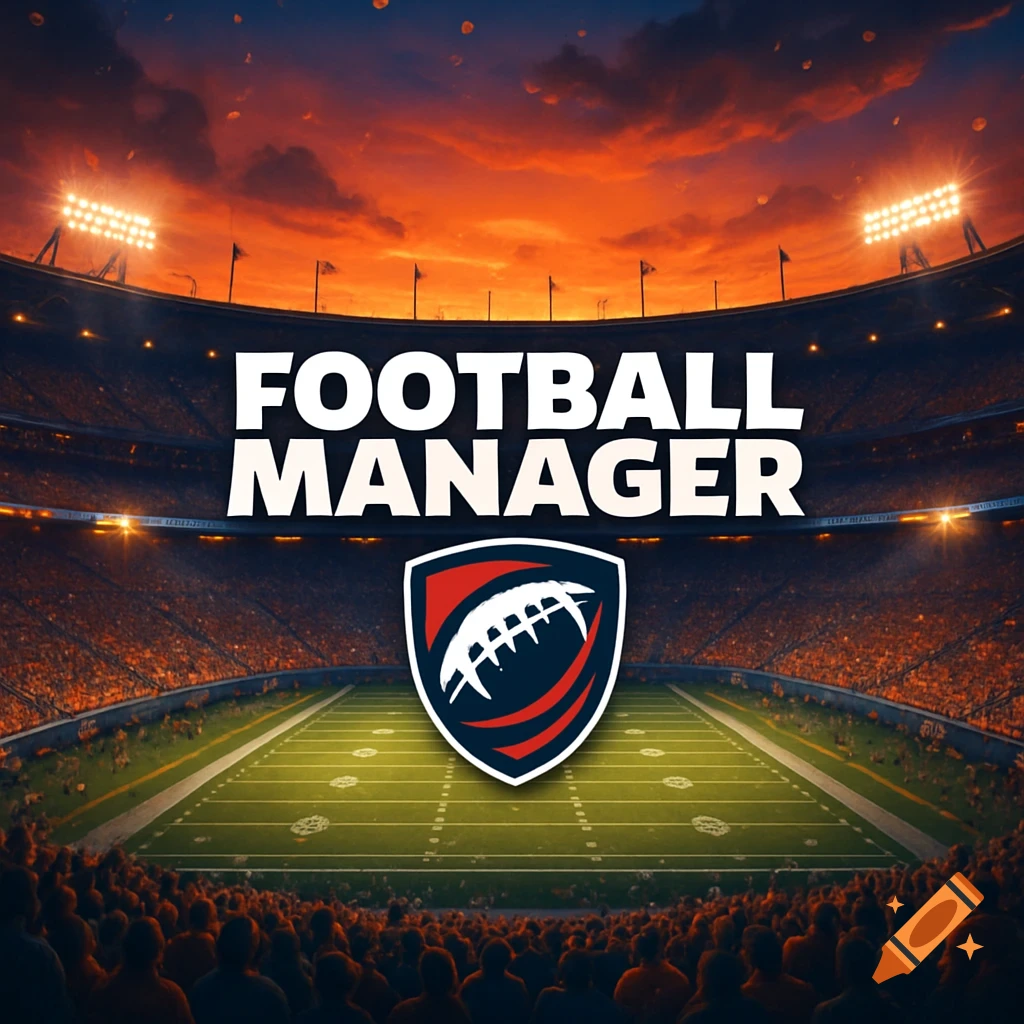 A crowded American football stadium at sunset with the words FOOTBALL MANAGER and a football shield logo.
