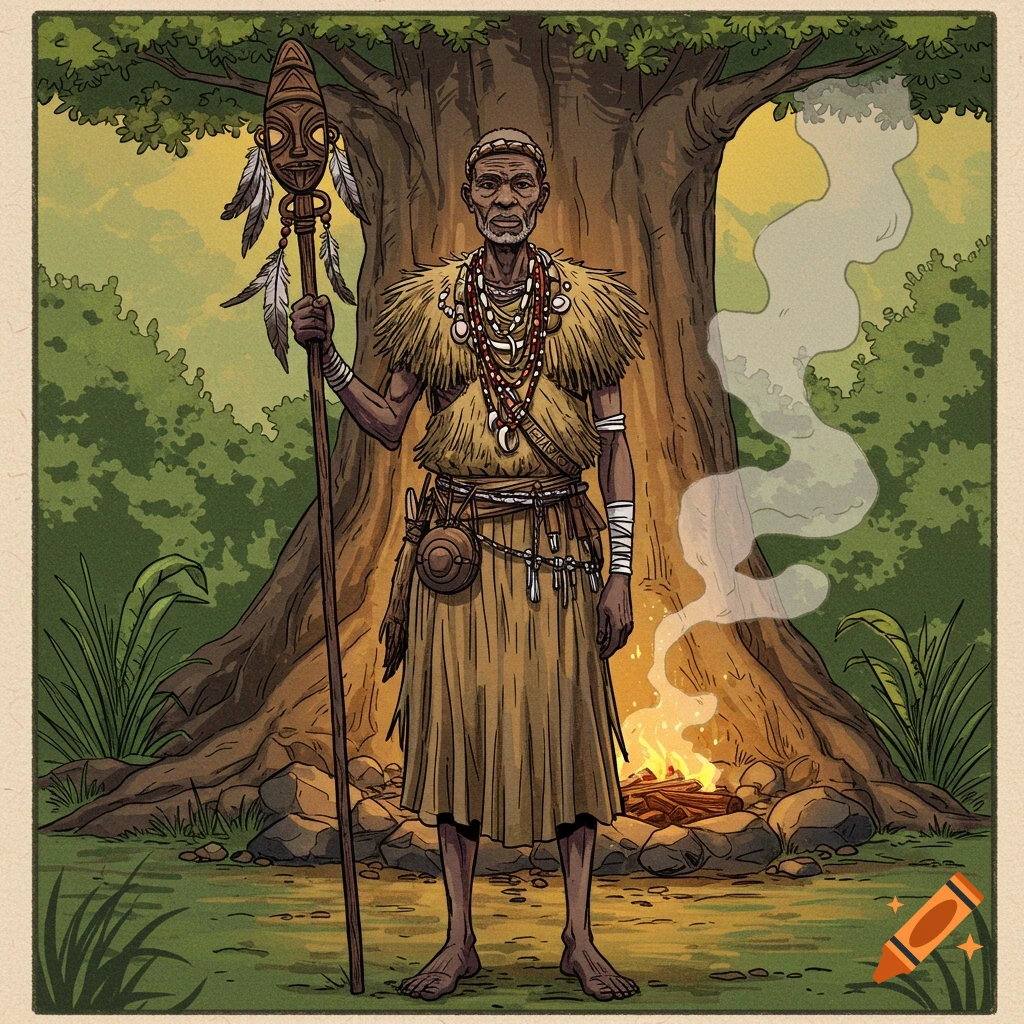 A hand-drawn manga style illustration of an elderly African shaman holding a staff by a campfire in a sacred forest.