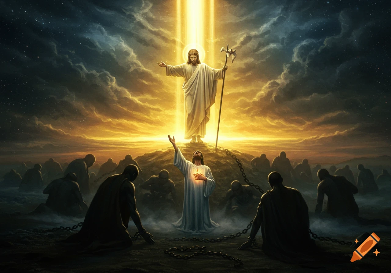 Majestic painting of the resurrected Christ in radiant light above a redeemed soul and chained figures in a dramatic celestial scene.