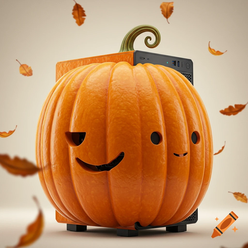 A winking jack-o'-lantern pumpkin covering a computer tower with a green stem on top, surrounded by falling autumn leaves.