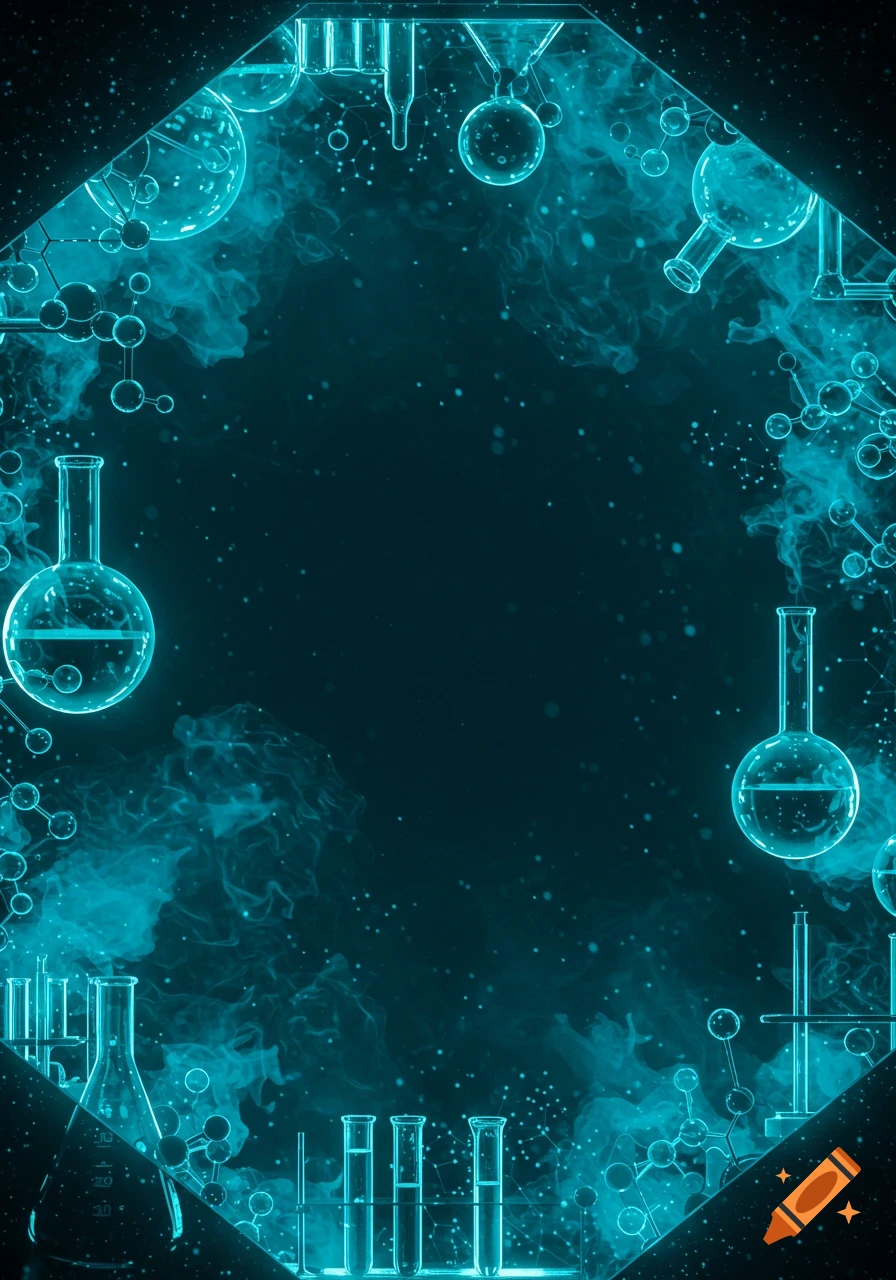 Neon blue chemistry lab equipment and molecular structures form an octagonal frame on a dark background.