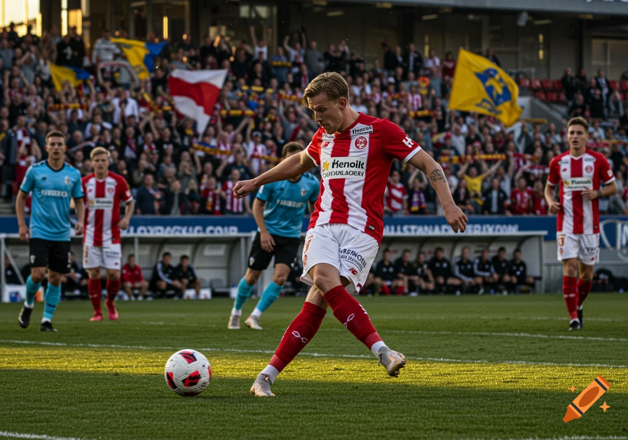 A male soccer player in a red and white jersey kicks a ball on a green field in a stadium filled with cheering fans.