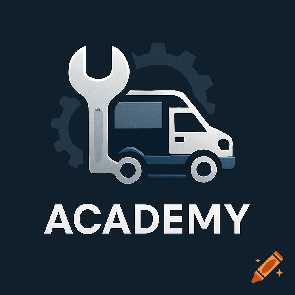 A logo with a silver wrench, a white and blue van, and gears on a dark background, with the word 'ACADEMY' below.