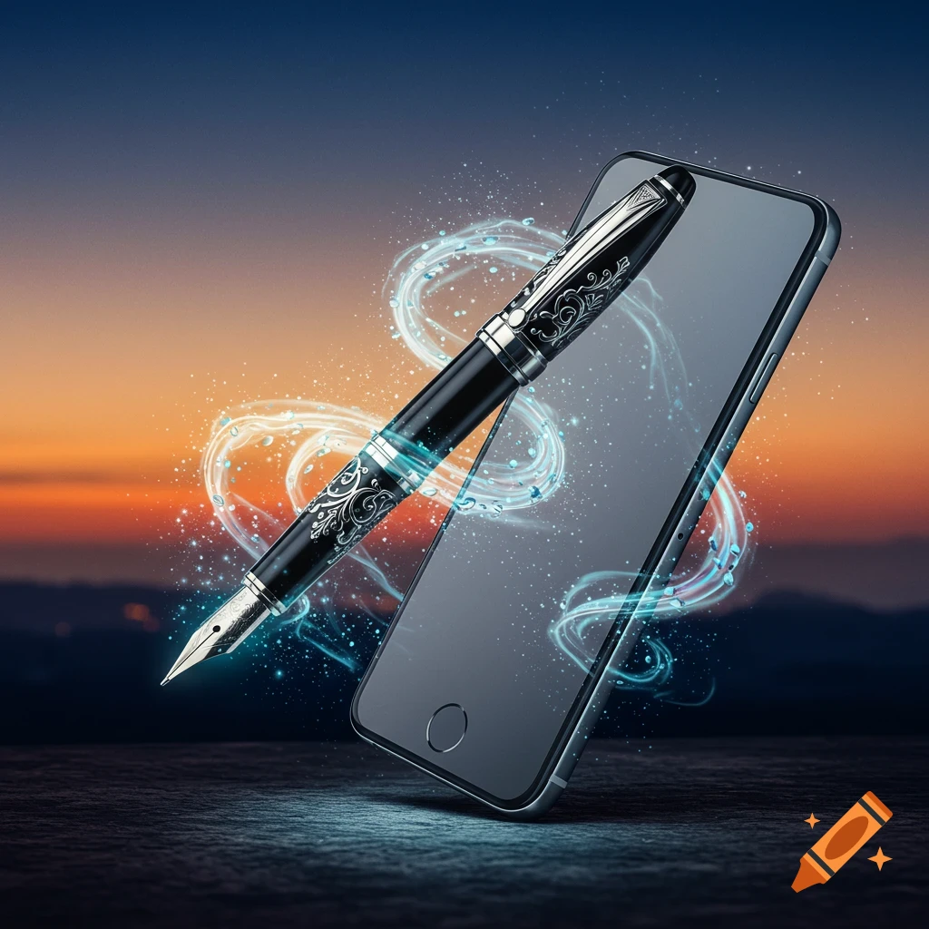 A detailed black and silver fountain pen floats next to a smartphone, surrounded by glowing blue and white light trails against a sunset sky.
