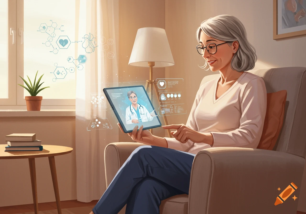 An elderly woman with glasses sits in an armchair, engaging in a virtual doctor's consultation on a holographic tablet with medical data floating around.
