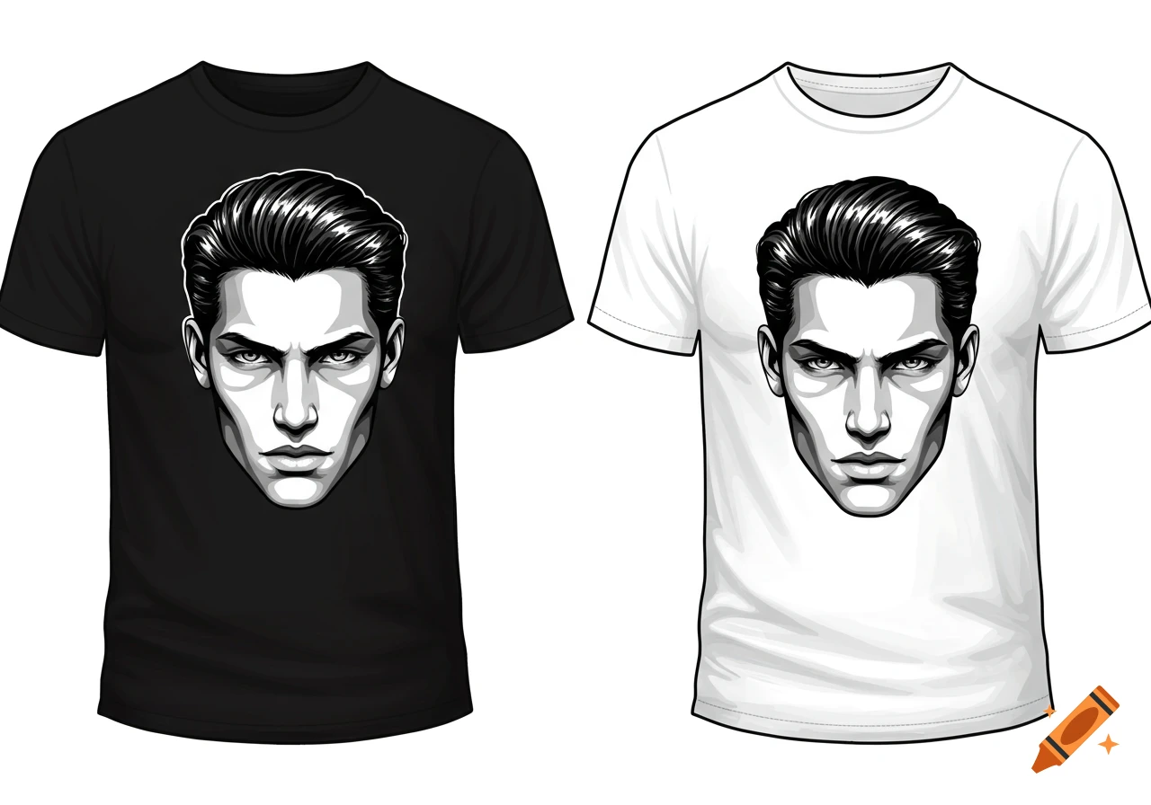 Two T-shirts, one black and one white, each featuring a monochromatic graphic of a stern-faced man with slicked-back hair.